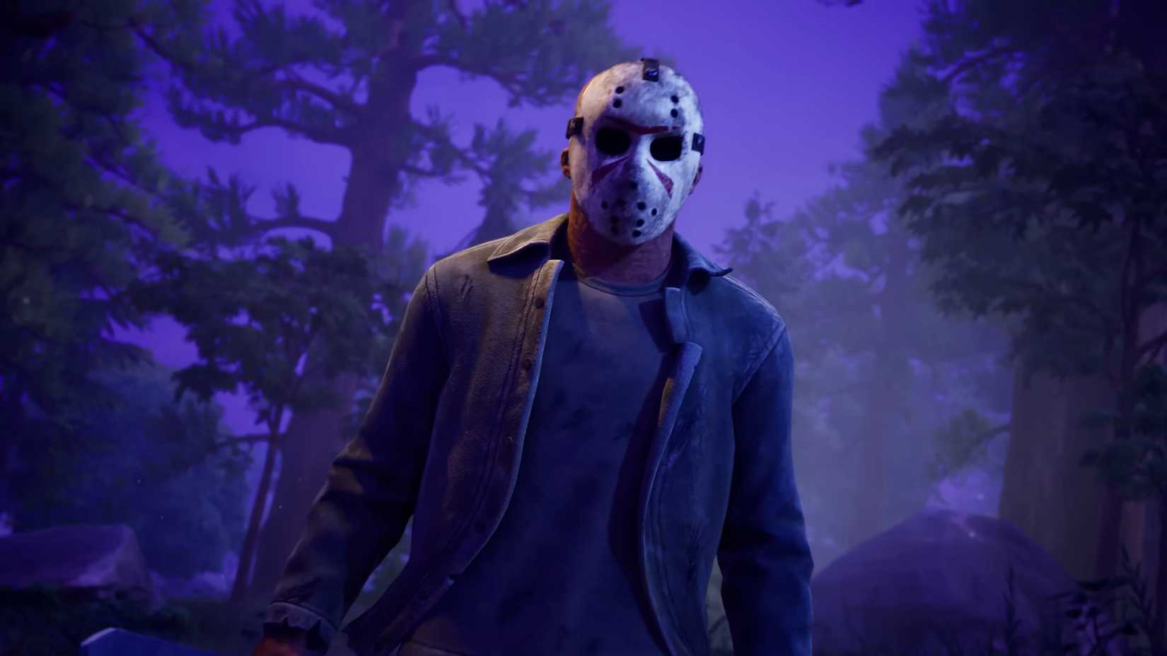 Jason stands in a dark forest, wearing his signature hockey mask, as seen in Fortnite.