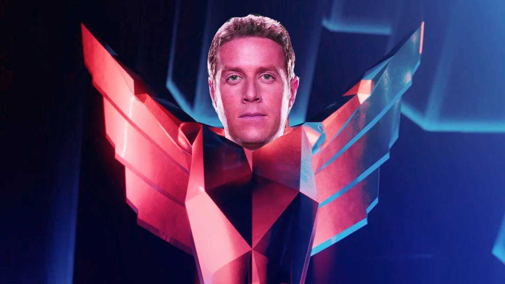 Geoff Keighley's face superimposed over The Game Awards statuette trophy