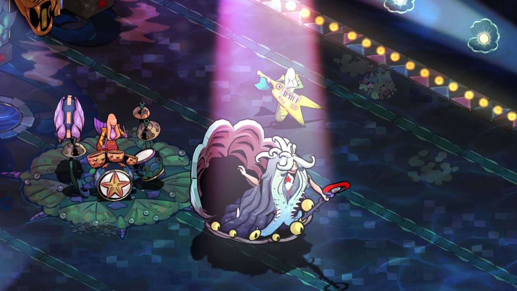 Scylla sings into a microphone on stage with the Sirens boss fight in the 2025 game Hades 2.