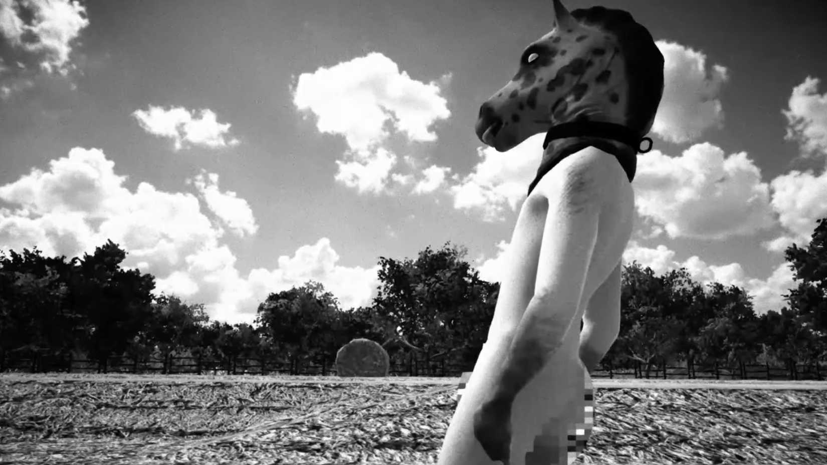 A man in a horse mask kneels nude in a field. His buttocks are censored with a pixelation effect, and the entire image is black and white.