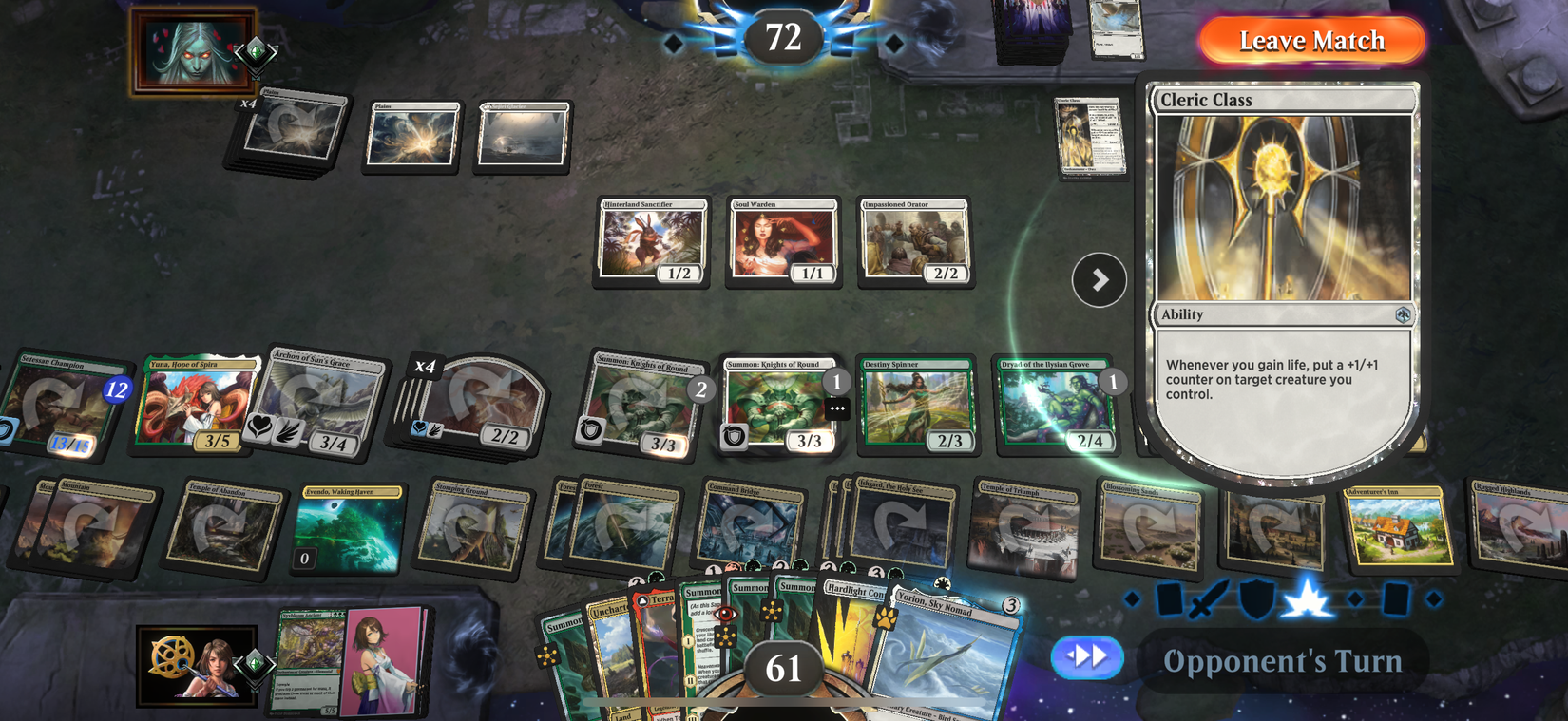 A match in MTG Arena with a Cleric Class card highlighted.
