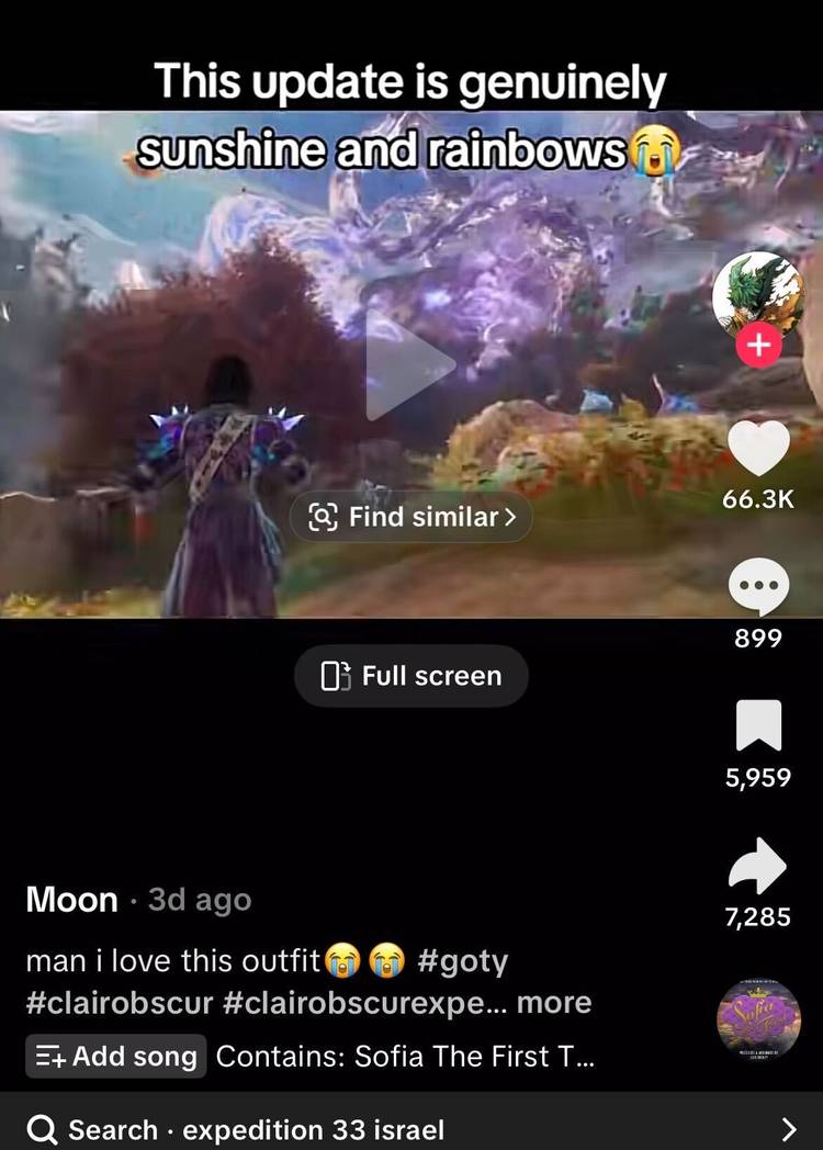 A screenshot of a random TikTok video with Clair Obscur gameplay, where the platform auto generated related terms 'expedition 33 israel'