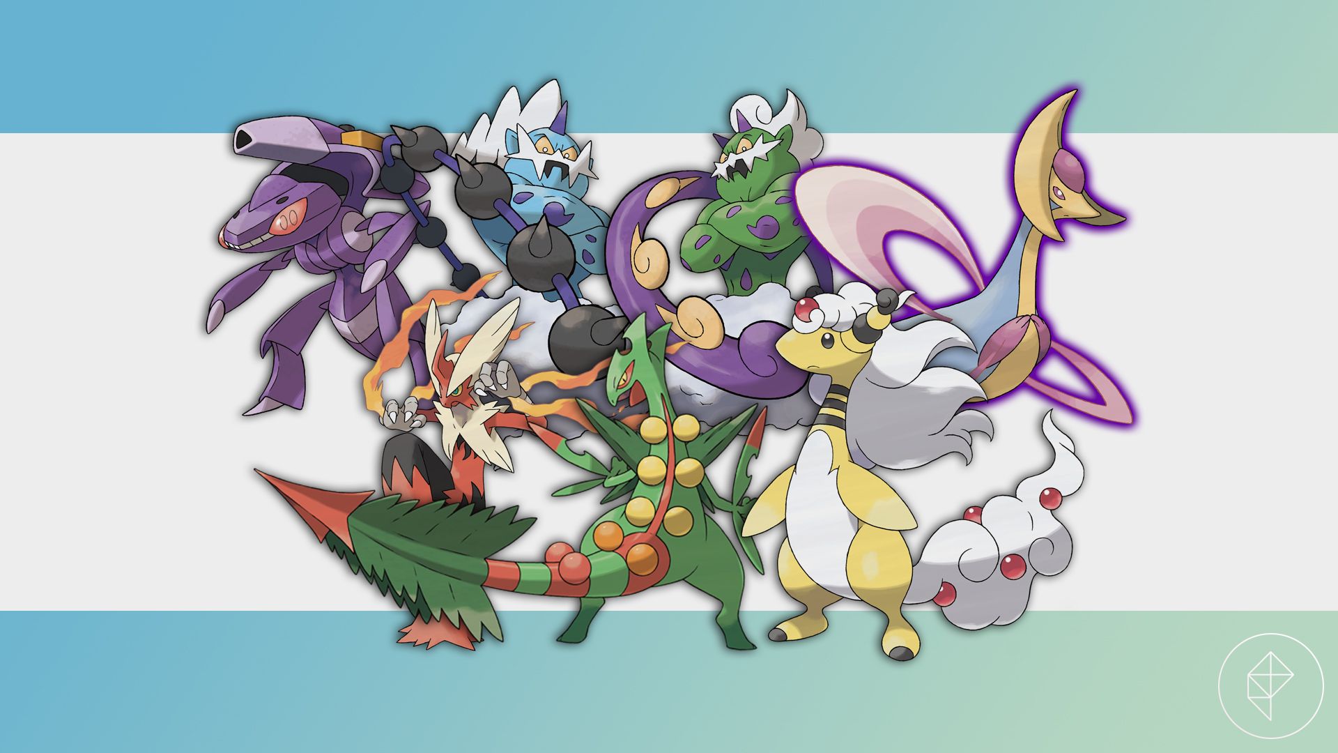 Genesect, Thundurus, Tornadus, shadow Cresselia, Mega Blaziken, Mega Sceptile, and Mega Ampharos on a gradient background.