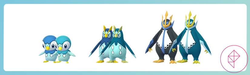 Piplup, Prinplup, and Empoleon with their shiny version in Pokémon Go. Each shiny turns more teal.