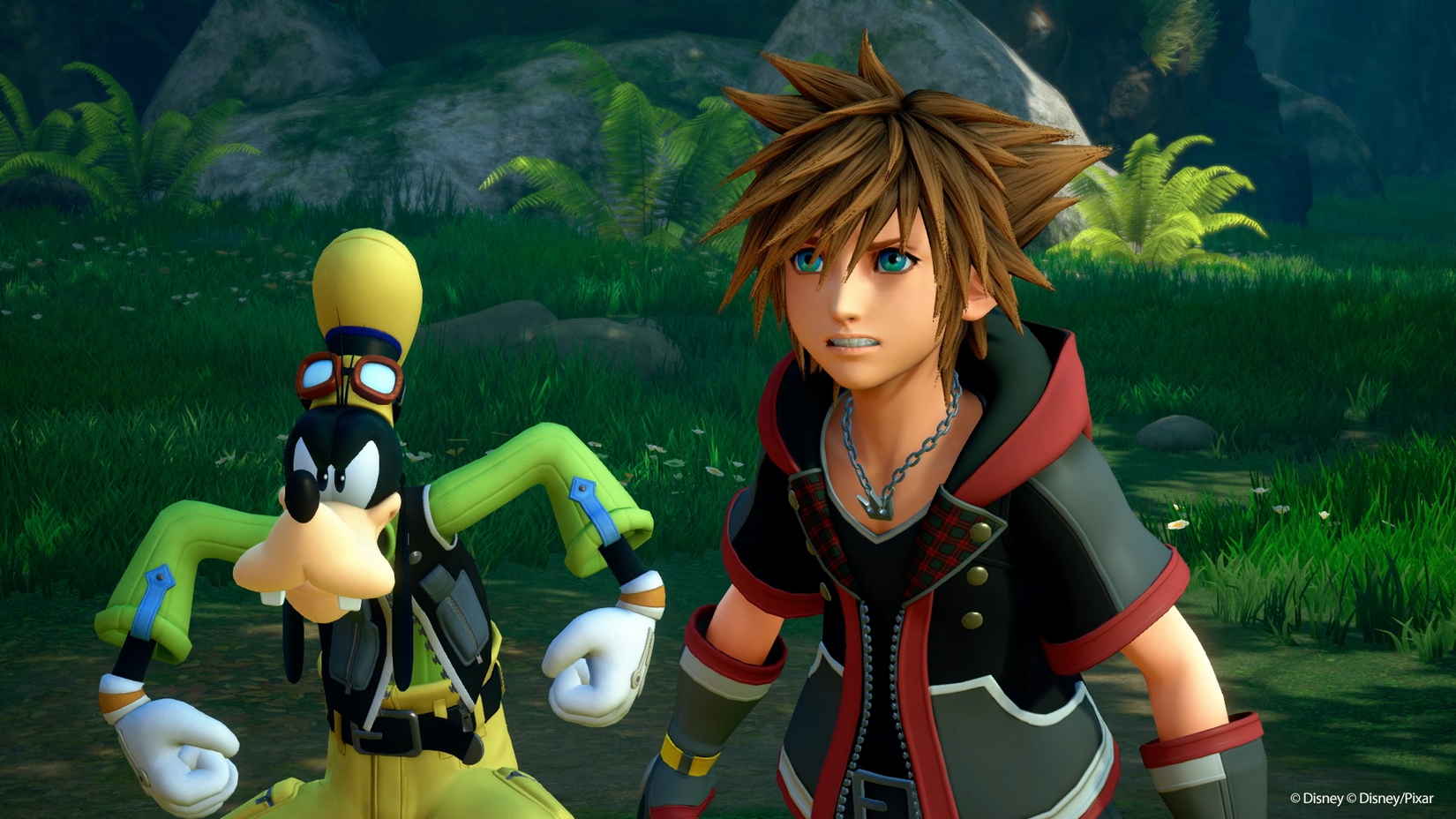 Image from Kingdom Hearts 3 of Goofy looking mad next to Sora