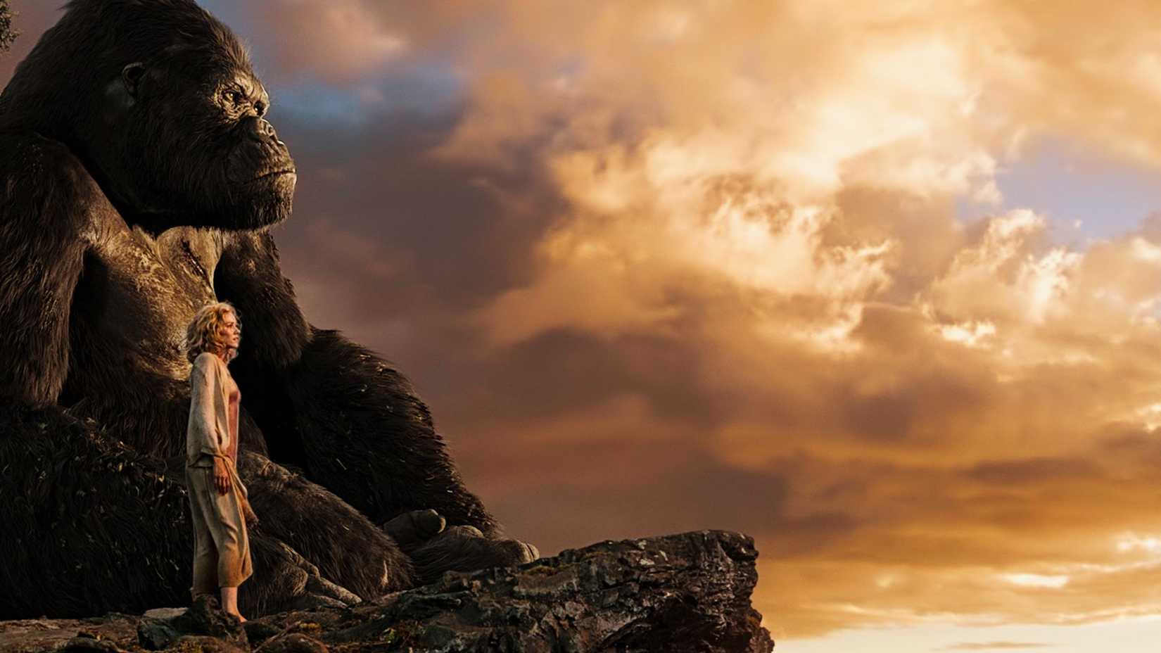 A still from Peter Jackson's 2005 film King Kong. It depicts Naomi Watt's character and Kong looking at the sunset.