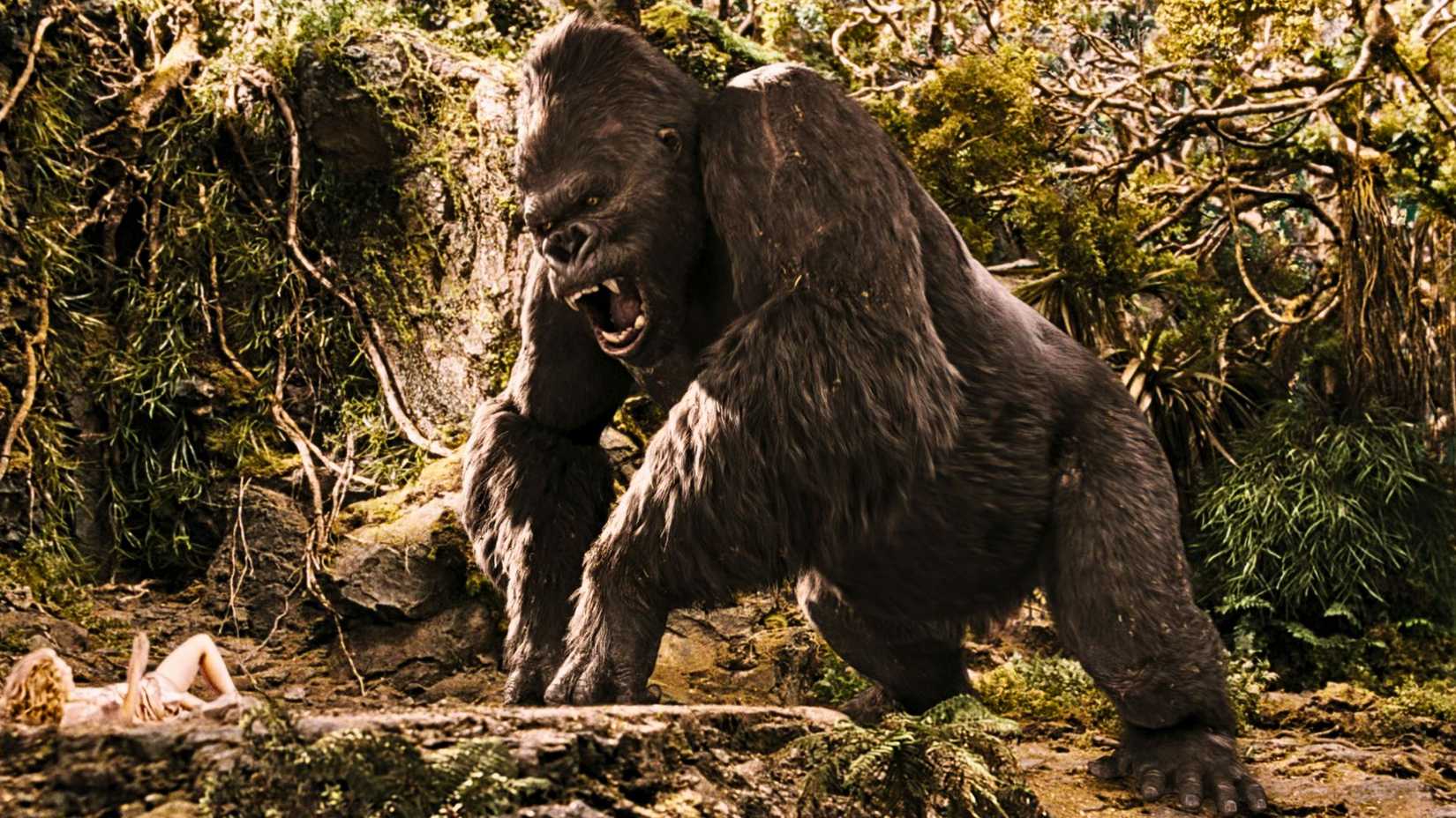 An image from Peter Jackson's King Kong (2005) film. It shows a giant ape, Kong, surrounded by a lush jungle environment. He hovers next to a woman, Naomi Watts, lying on her back.