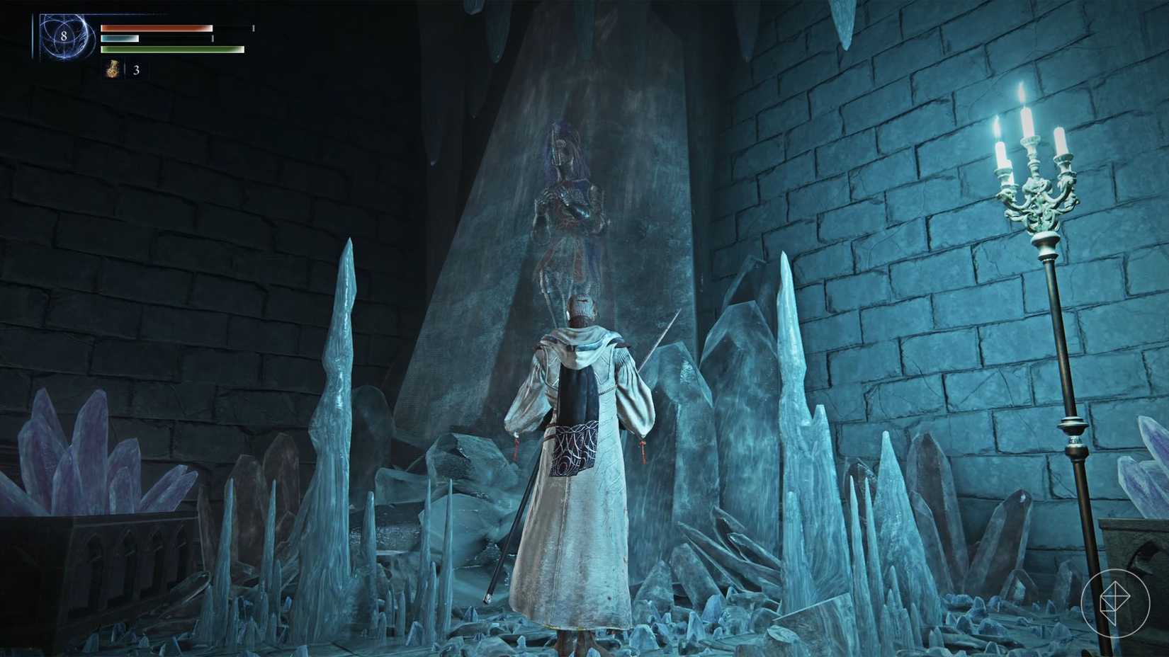 The Scholar standing in front of a knight in a giant crystal in Elden Ring Nightreign.