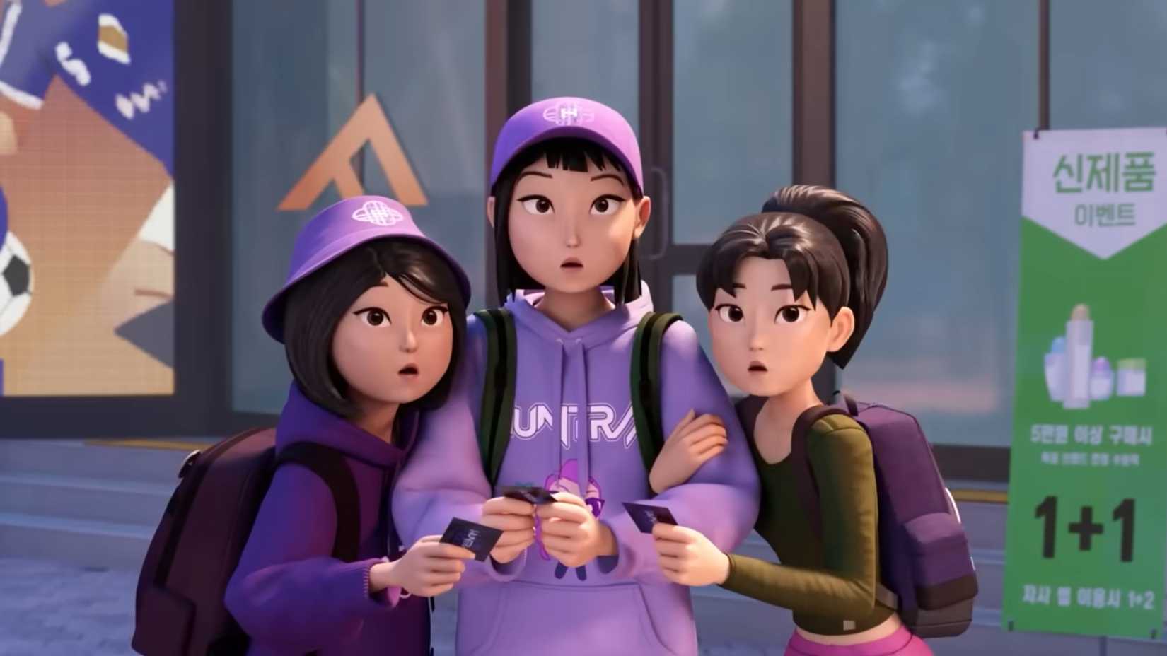 A trio of young HUNTR/X fans, who are clearly tween girls, huddle together in KPop Demon Hunters
