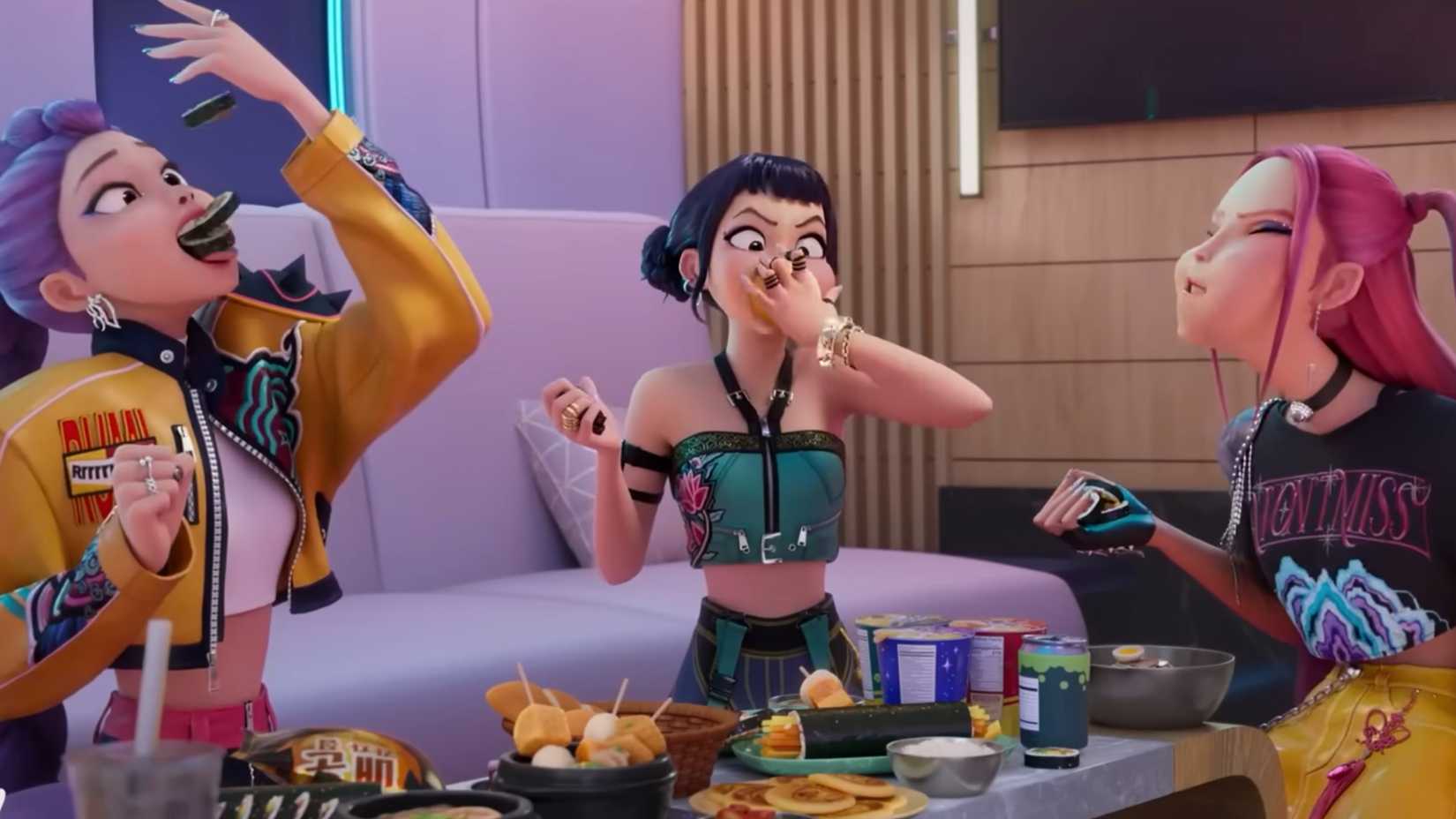 HUNTR/X's members all chow down on junk food in KPop Demon Hunters