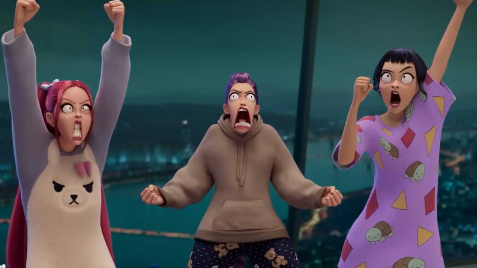 HUNTRIX's members all cheer loudly, each one making an absolutely wild face.