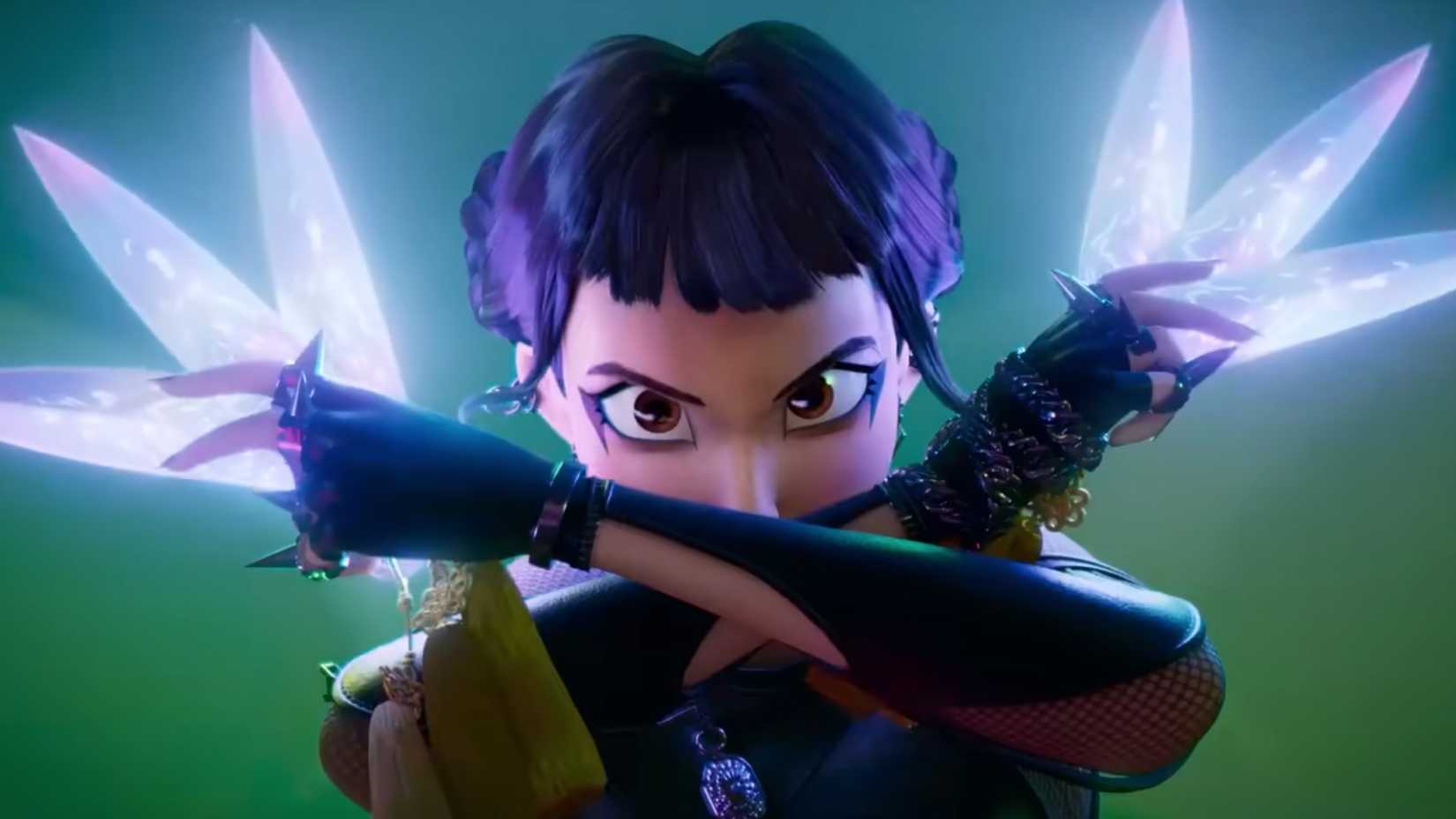 KPop Demon Hunters Zoey brandishes her throwing knives.