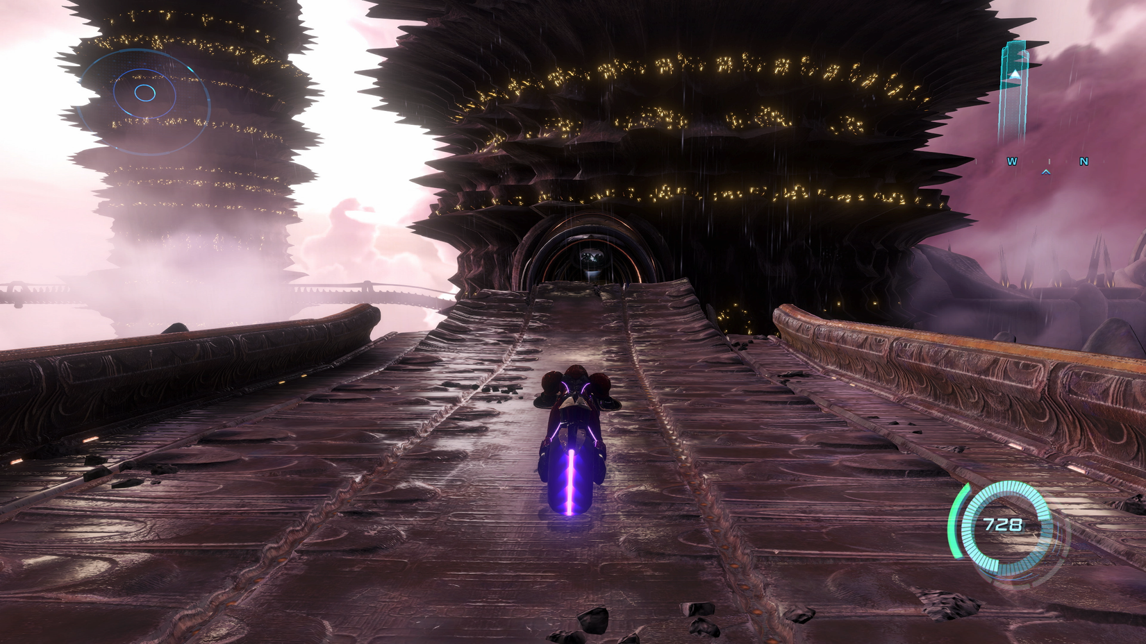 Samus drives a motorcycle in Metroid Prime 4: Beyond.