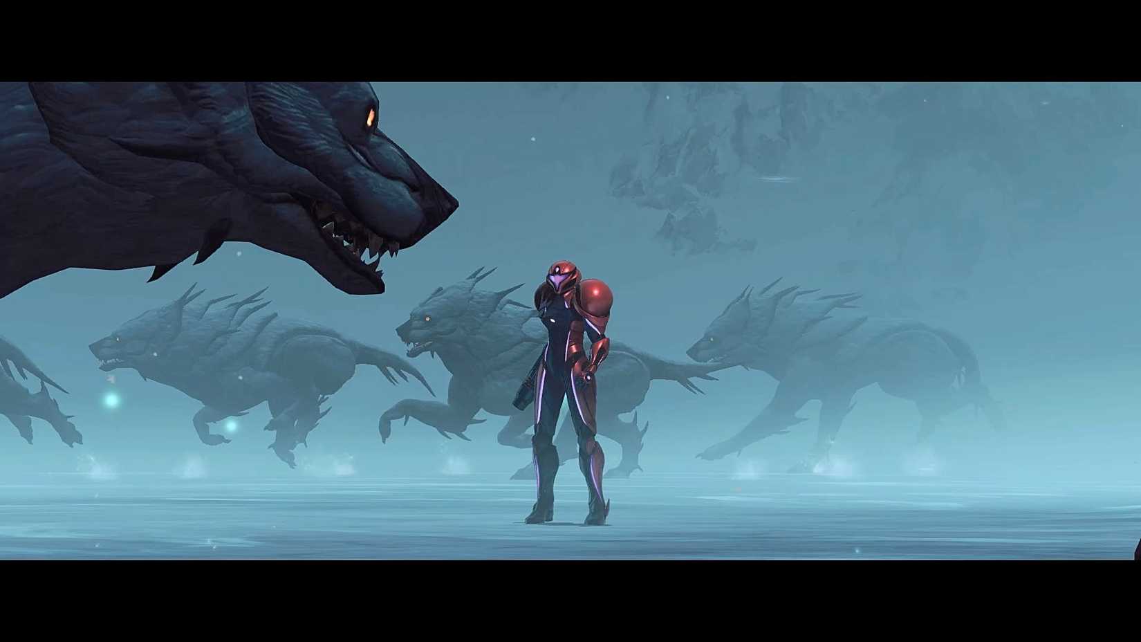Samus fighting snow wolves in Metroid Prime 4