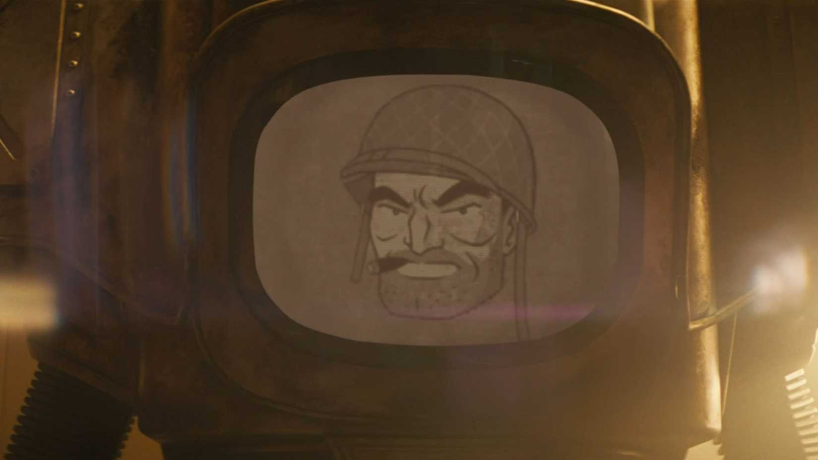 A Securitron in the Fallout TV show with a screen of a soldier smoking a cigar.