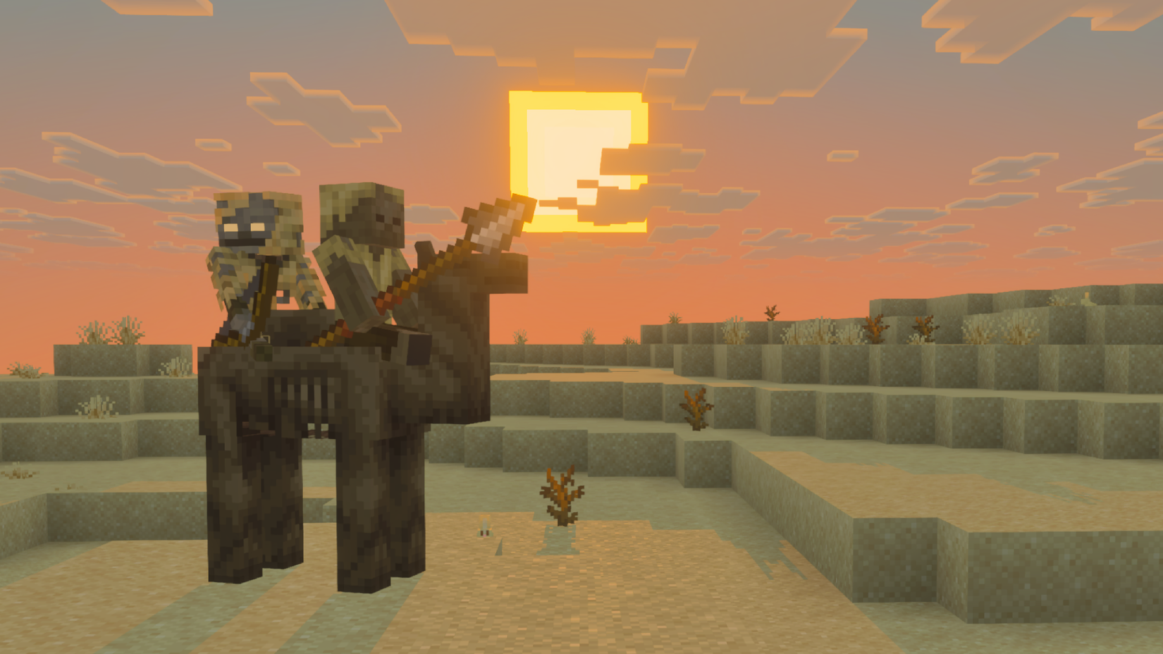 Two parched, wielding spears and riding on the back of a camel husk in Minecraft
