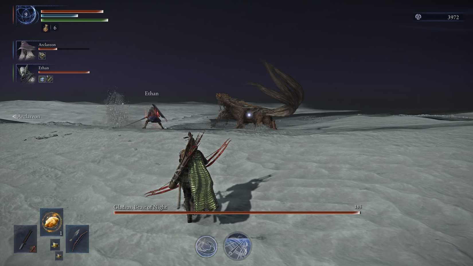 Uma captura de tela de Elden Ring Nightreign mostrando a luta contra Gladius