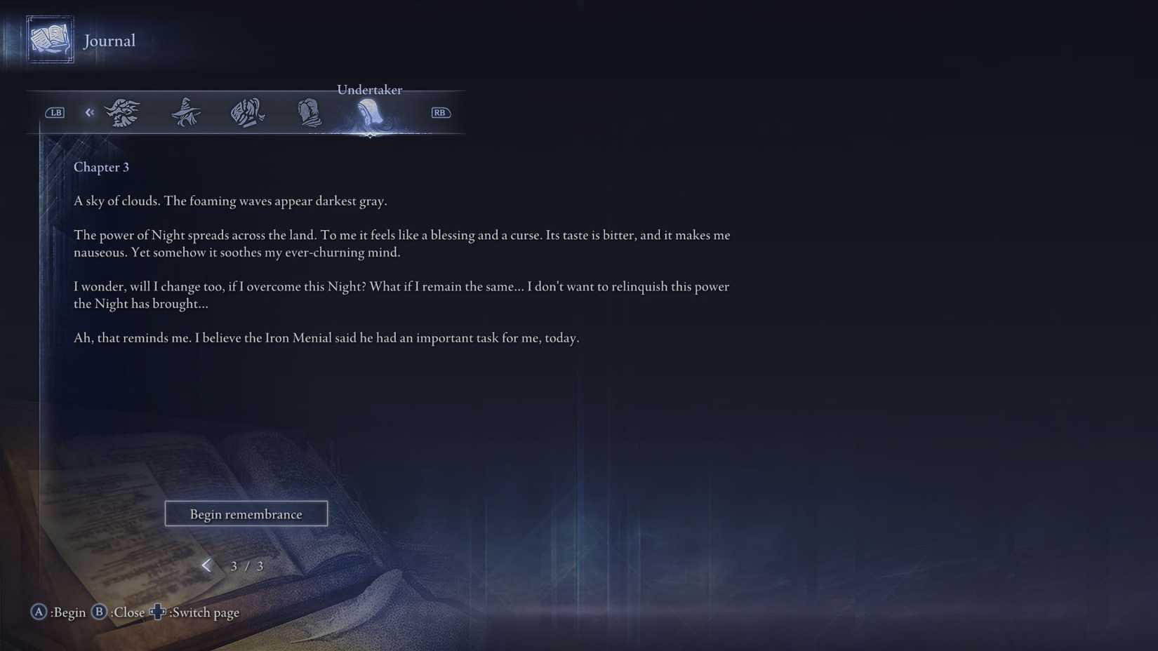 An Elden Ring Nightreign screenshot showing the chapter 3 of the Undertaker's journal