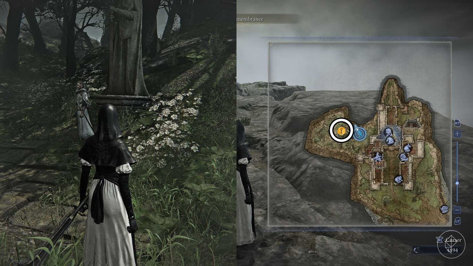 A montage using two Elden Ring Nightreign screenshots showing where you can find the Scholar in Undertaker's remembrance chapter 3