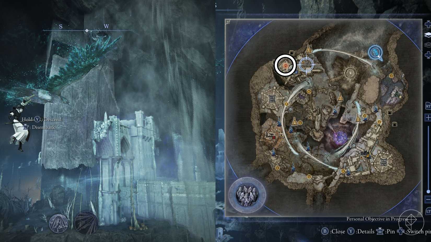 A montage using two Elden Ring Nightreign screenshots showing the location of the Scholar in chapter 5 of the Undertaker's remembrance quest