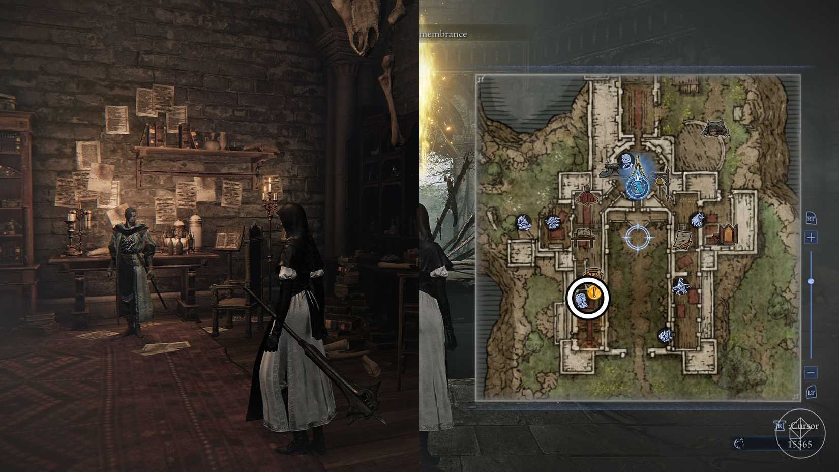 A montage using two Elden Ring Nightreign screenshots showing the location of the Scholar after you have found them during the expedition in the Undertaker's remembrance chapter 5