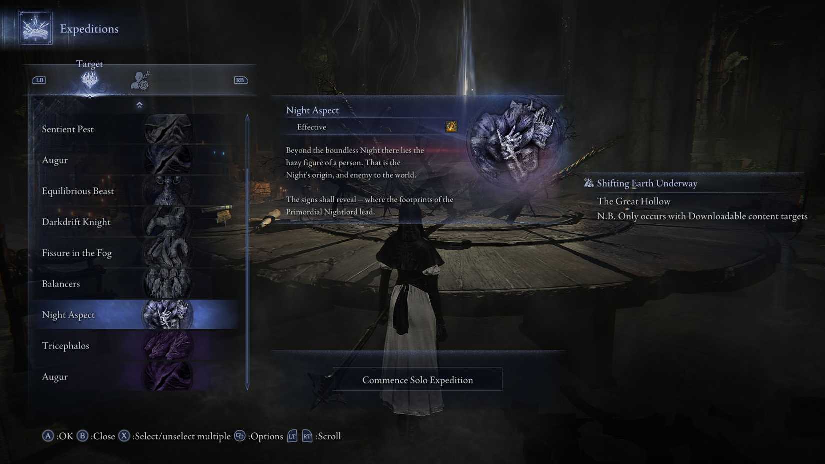 An Elden Ring Nightreign the Forsaken Hollows screenshot showing the Expedition menu and the Night Aspect expedition description