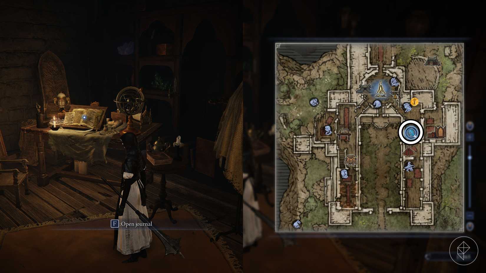 A montage using two Elden Ring Nightreign screenshots showing the location of the Journal