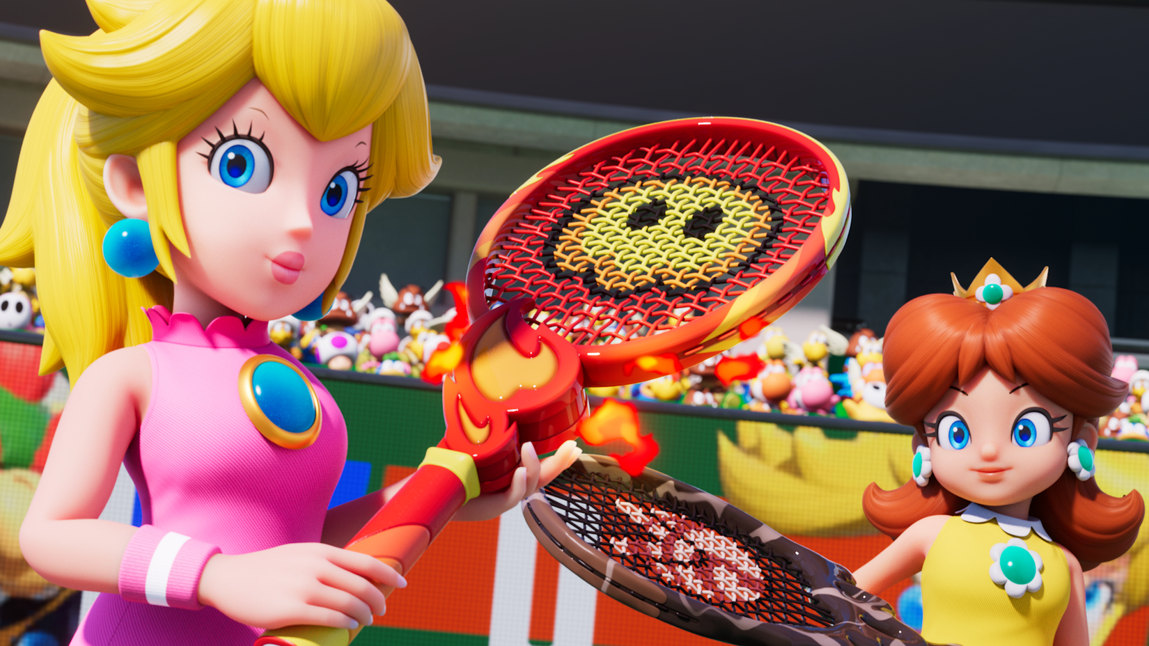 Peach and Daisy hold tennis rackets in Mario Tennis Fever