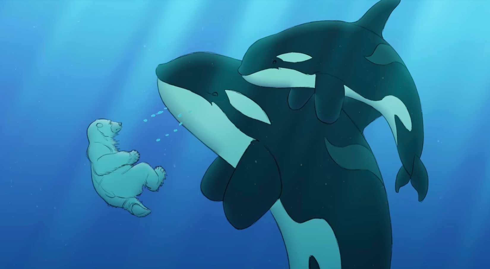 An animated polar bear swims in the ocean, facing off in a circle with several orca, in the short movie "Snow Bear"