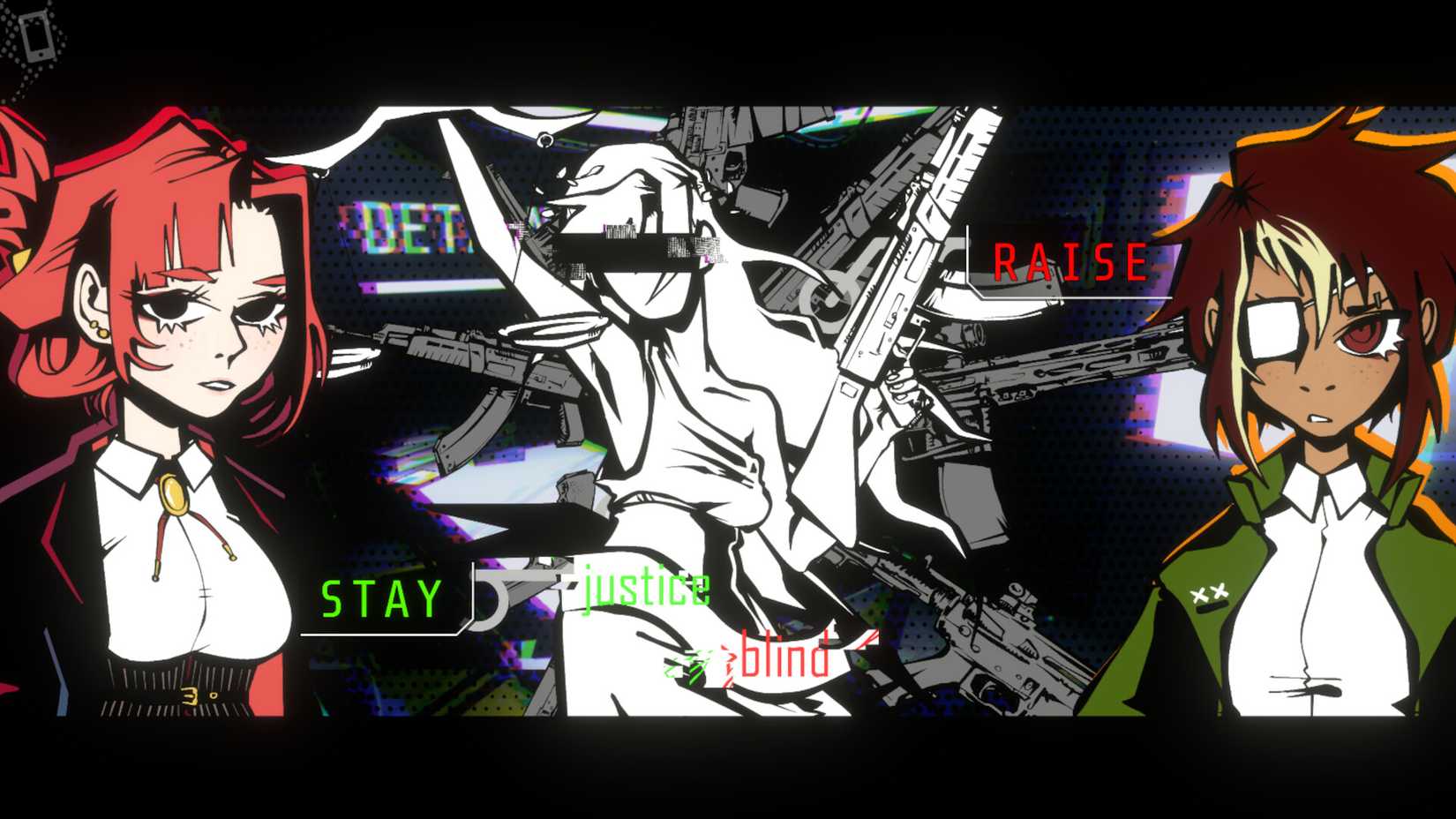 A menu screen that says "Stay, raise, justice, blind" in of the Devil