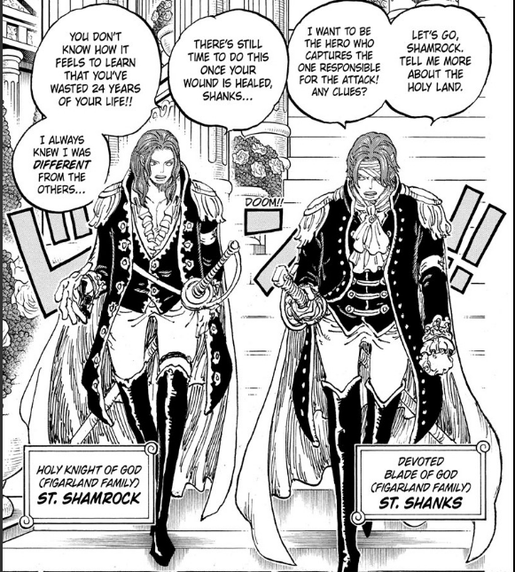 Shanks and Shamrock in extravagant outfits talking to each other in One Piece Chapter 1167 Manga 