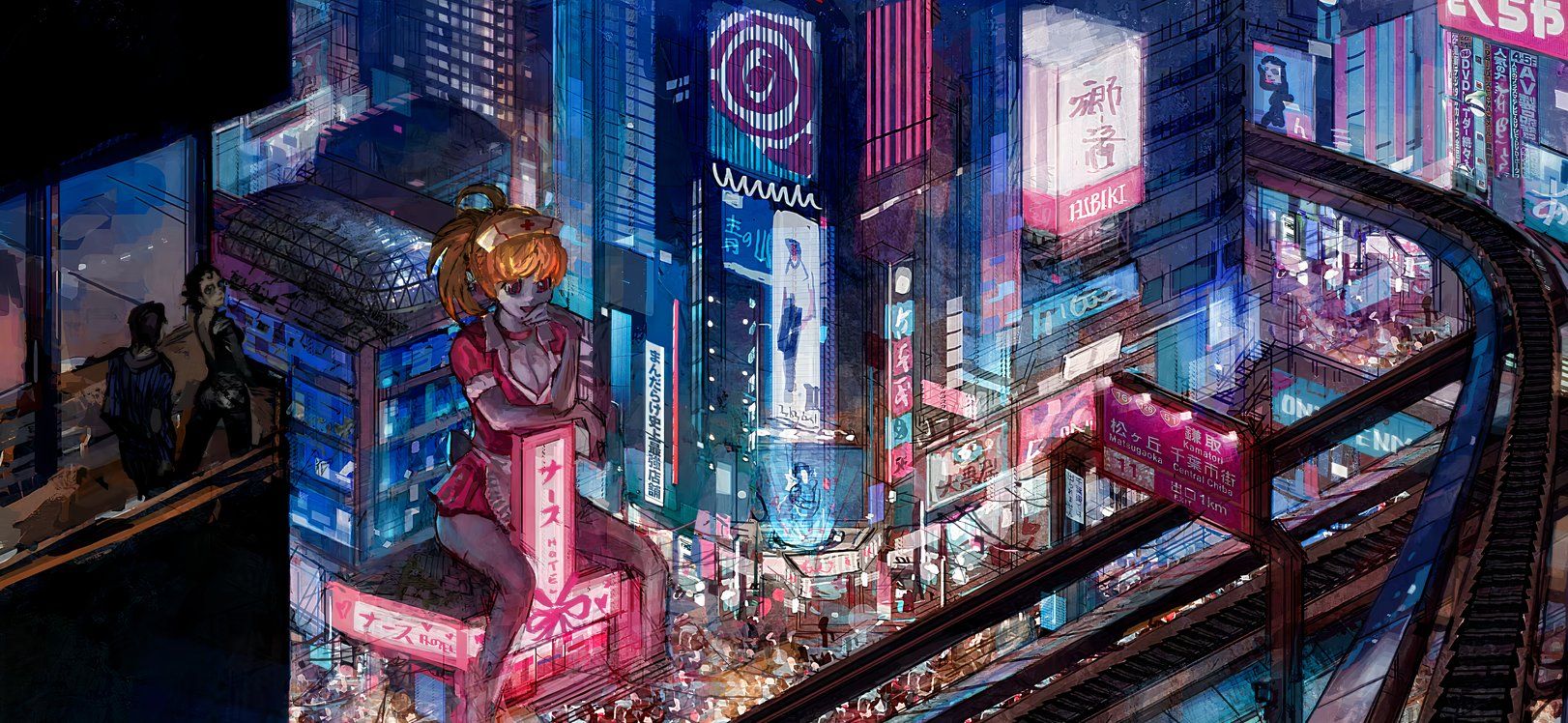 Concept art for a canceled Neuromancer movie showing a dark city