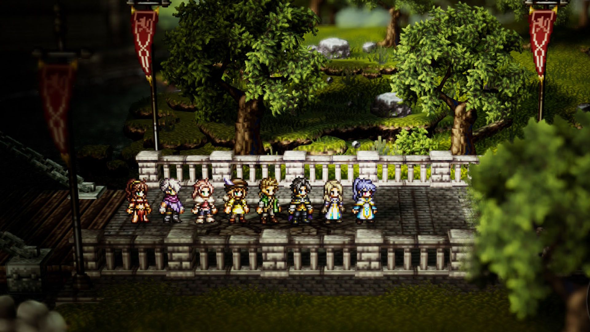 An Octopath Traveler 0 screenshot showing a party of characters, most of them from the first game
