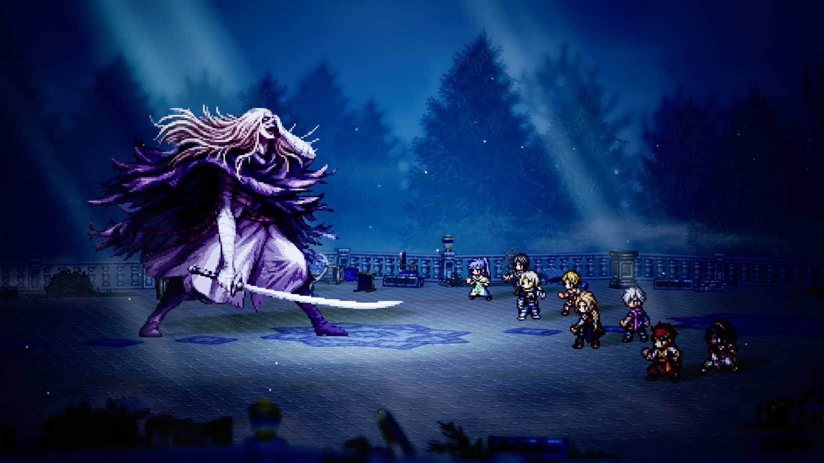 An Octopath Traveler 0 screenshot showing eight characters fighting a tall blonde man