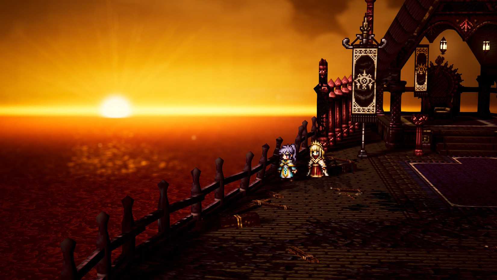 An Octopath Traveler 0 screenshot showing two characters and the sunset on the horizon