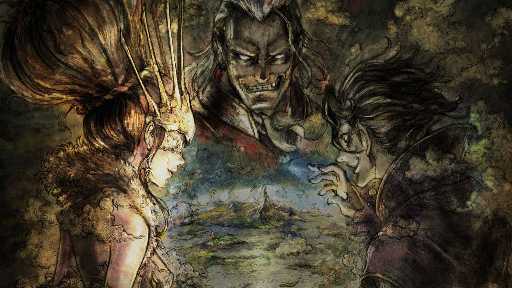 An Octopath Traveler 0 screenshot showing the three first antagonists in the game