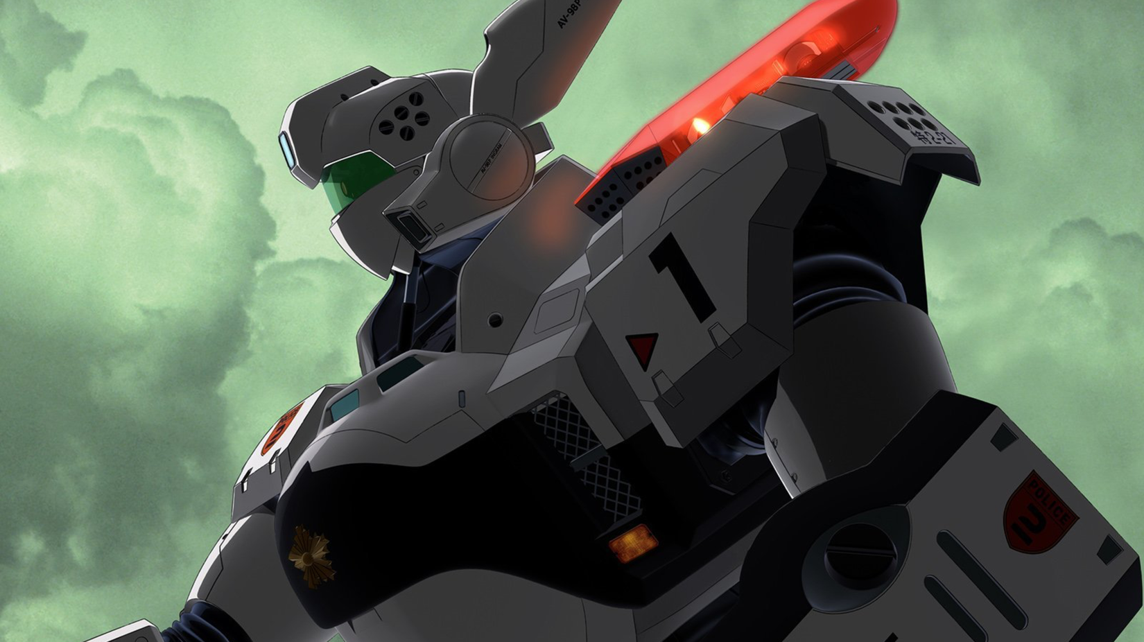 A white Labour Mecha behind green clouds