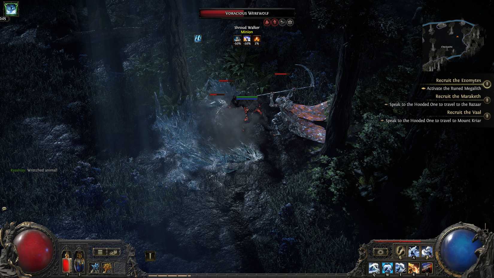A Path of Exile 2 screenshot showing frozen enemies