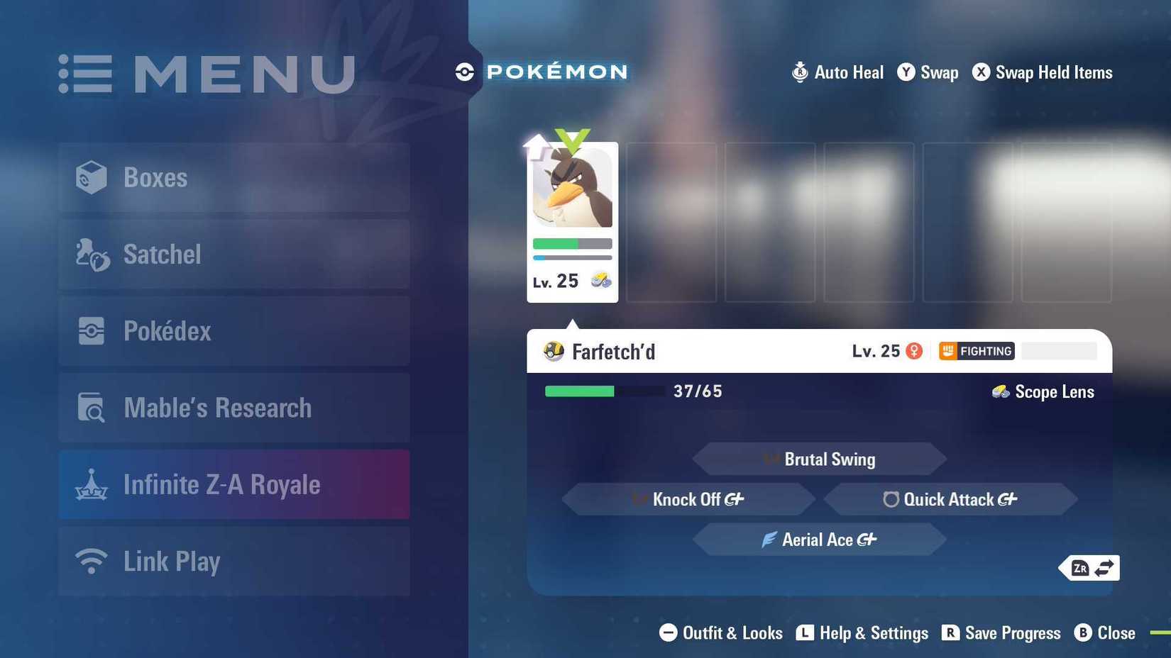 A Galarian Farfetch'd ready to evolve in Pokemon Legends Z-A