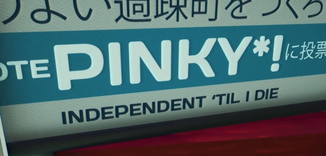 A campaign banner on a truck says "Vote Pinky! Independent 'til I die."