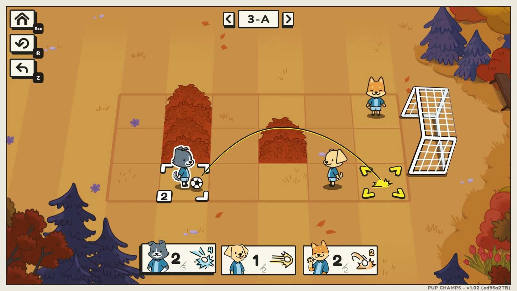 Dogs play soccer on a grid in Pup Champs.