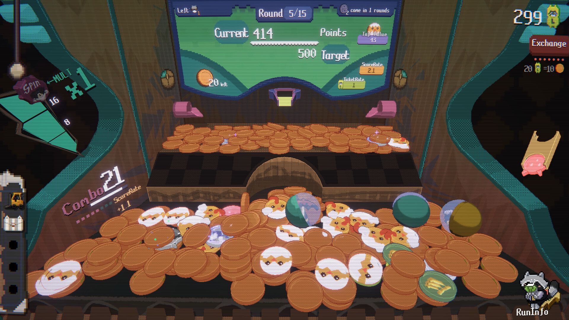 Raccoin board during a round, with patterned coins and toys mixed in