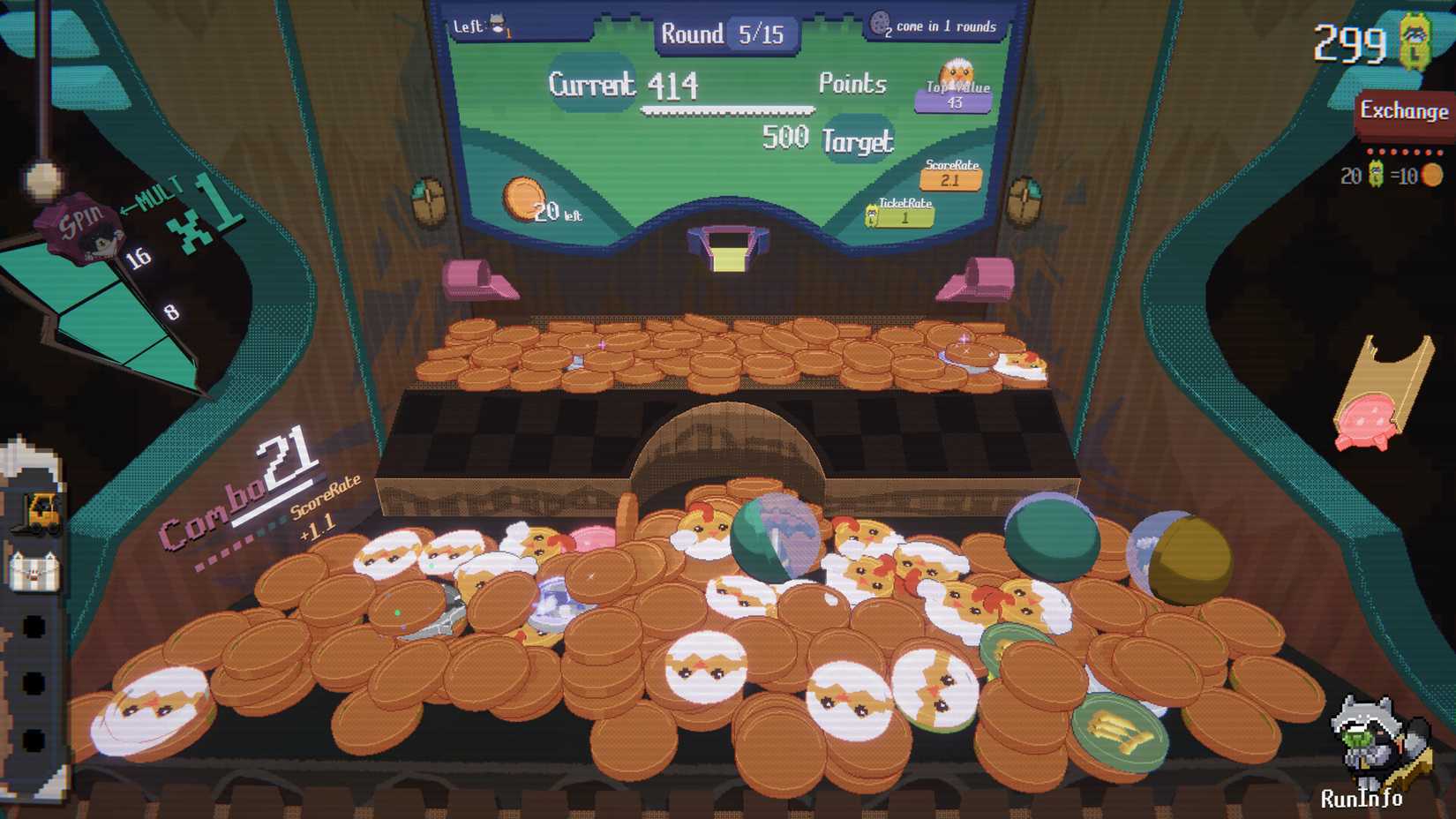 Waschbärbrett während einer Runde, es gibt Münzen mit Eiermustern und Spielzeug in Plastikkugeln gemischt mit Kupfermünzen