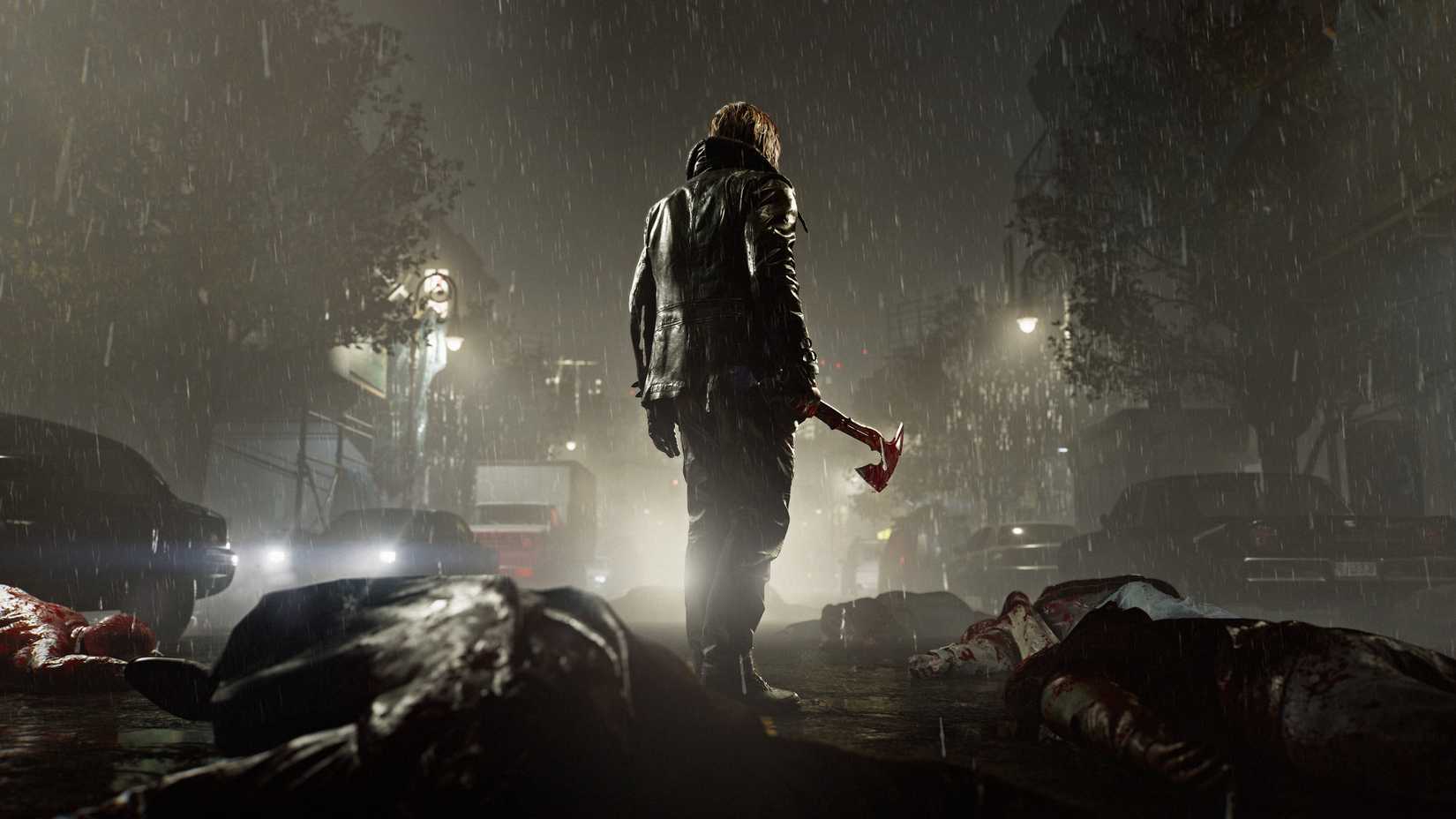 Resident Evil Requiem screenshot featuring Leon S. Kenney holding a bloody ax among a pile of bodies