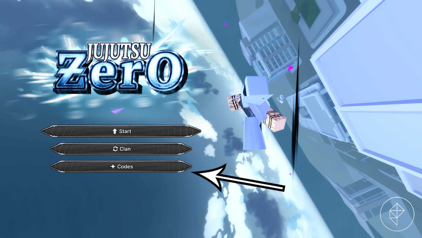 An arrow points to the codes menu in Jujutsu Zero.