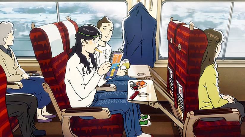 Jesus and Buddah aboard a train eating snacks and reading in Saint Young Men