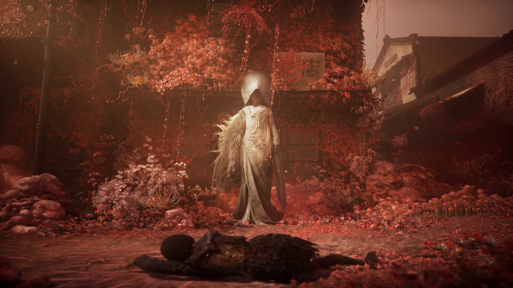 Hinako lays on the ground, unconscious, in front of a strange monster in a wedding dress, in the middle of Ebisugaoka. Red spider lilies surround both characters.