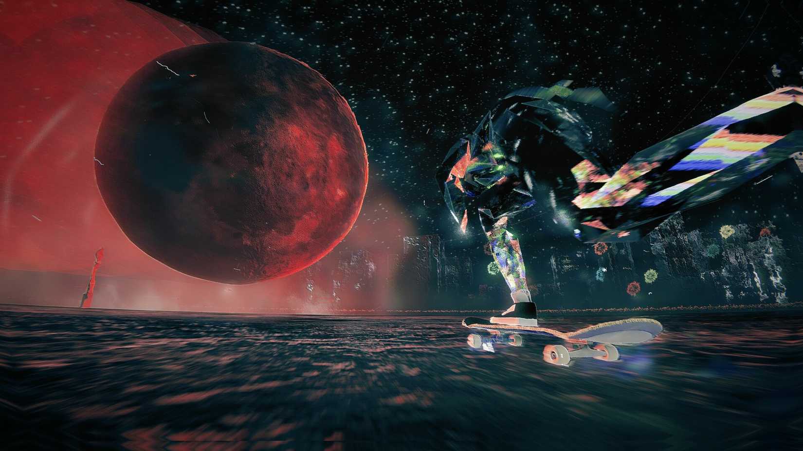 The Skater skates toward a moon in Skate Story