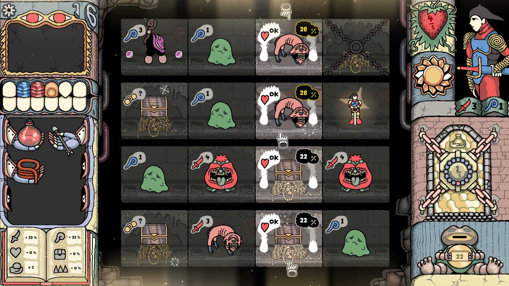 A grid full of monsters and treasures appears in Sol Cesto.