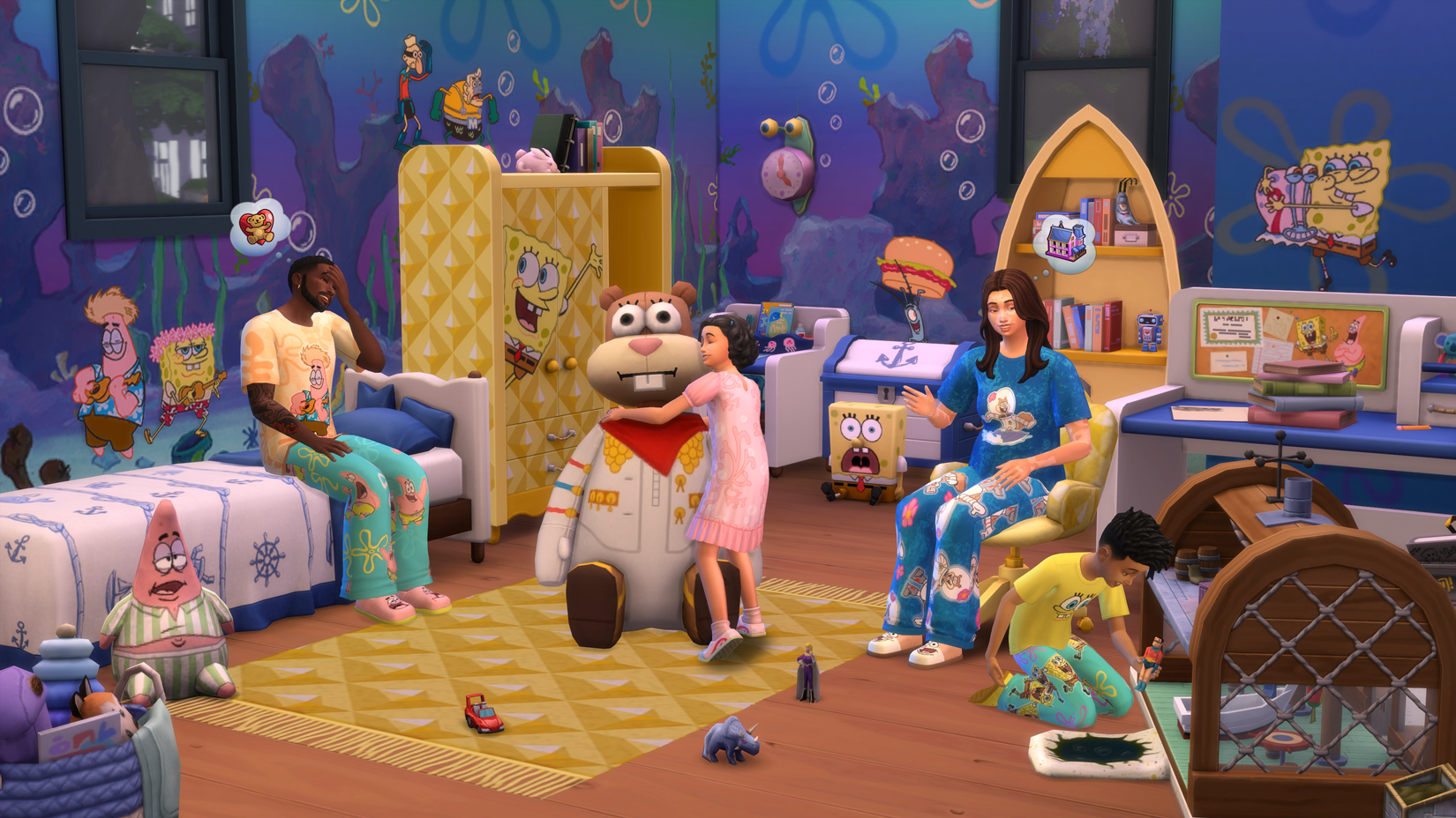 SpongeBob Kids Room Kit promo photo showing kids in a SpongeBob themed room.